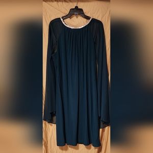 Dark Green sleevless dress with beaded neckline and sheer cover